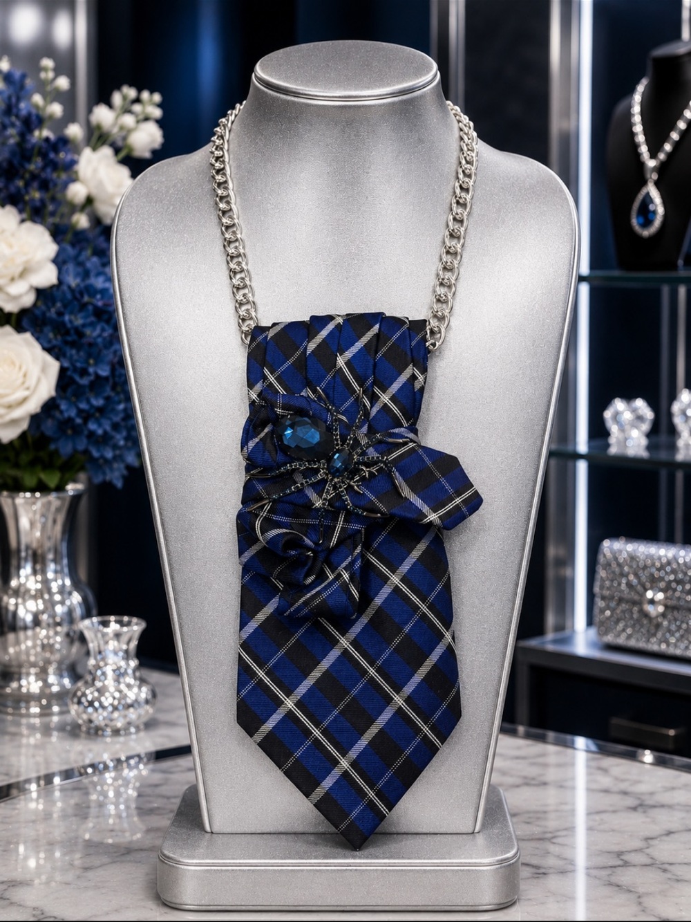 One of a Kind Handcrafted Tie Necklace Blue Black Spider Wearable Art NWOT